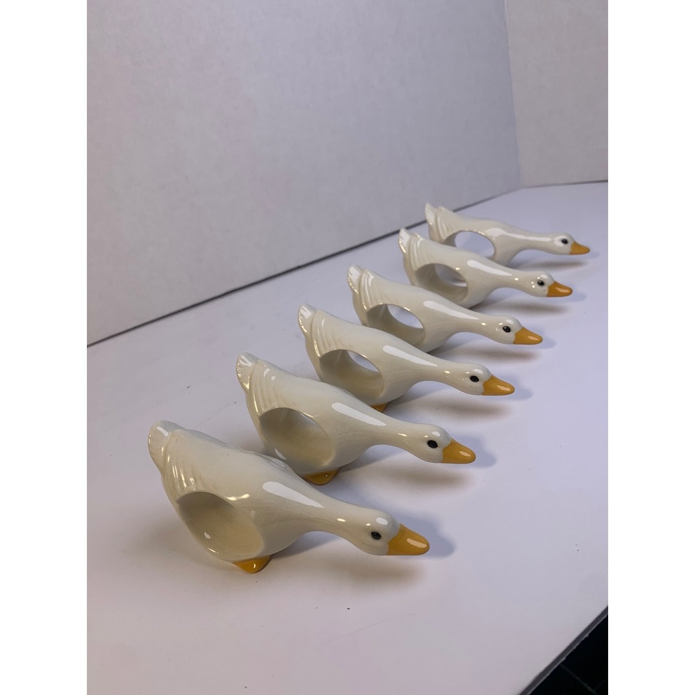 Vintage 80s Ceramic Goose Napkin Rings Set/6 White Farmhouse Country Cottagecore